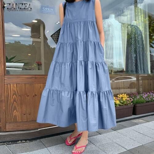 Summer Women Bohemian Sleeveless Ruffles Dress Elegant Sundress ZANZEA Solid Robe Femme Beach Tanks Dresses Kaftan Vestidos