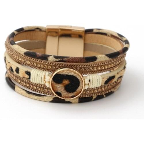Layers Leopard Leather Rope Stacked Band Bracelets For Women Trendy Magnet Buckle Popular Boutique Bangle Wholesale