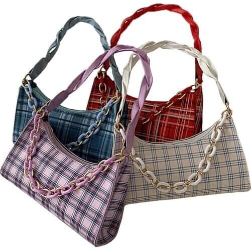 Fashion Plaid Handbag PU Leather Portable Women Acrylic Chain Underarm Shoulder Bags Female Casual Street Travel Totes Bags