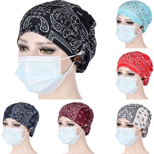 Paisley Muslim Hat Print For Women Cancer Chemo Hat Stretch Turban Head Wrap With Buttons Sleep Cap Headwear Gorras Mujer #W5