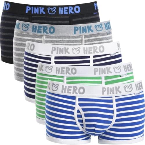 Hot 5pcs/Lot Pink Heroes High-Quality Cotton Underwear Men Boxer Shorts Classic Striped Male Underpants Comfortable U-bag