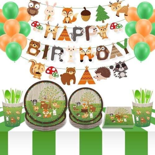 Baby Shower Woodland Party Decorations Carton Jungle Safari Animal Cake Border Disposable Tableware Sets Birthday Party Supplies