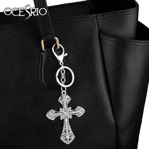 OCESRIO Big Rhinestones Crystal Metal Cross Keychains Silver Color Bag Car Key Chains KeyRings Holder Women Jewelry kch-a05