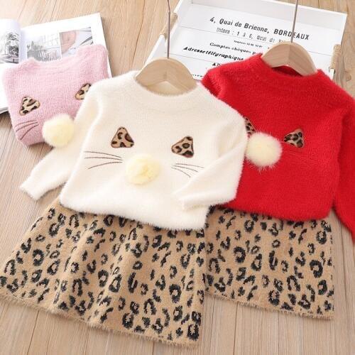 Autumn Winter Kids Clothing Set for Girls Long Sleeve Sweater Printed Leopard Dress Casual Children 2pcs Outfits Christmas Dress