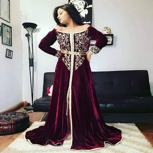 Eightale Burgundy Velvet Evening Dress Sexy Scoop Appliques Long Sleeves Plus Size Arabic Kaftan Dubai Prom Party Gown