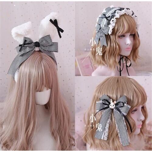 Gothic Lolita Hair Band Anime Alice Hand Made BNT Hair band Small Objects Black White Grid Rabbit Ears KC side clip B510