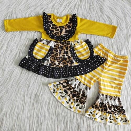 RTS baby clothes fashion long sleeve pocket design little girls children kids boutique leopard wild outfits clothing sets bell