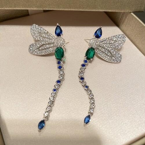 Fashion Dragonfly Drop Earrings Inlay Shiny Colorful Zircon Charm Tassels Jewelry For Women Wedding Party Valentines Day Gift
