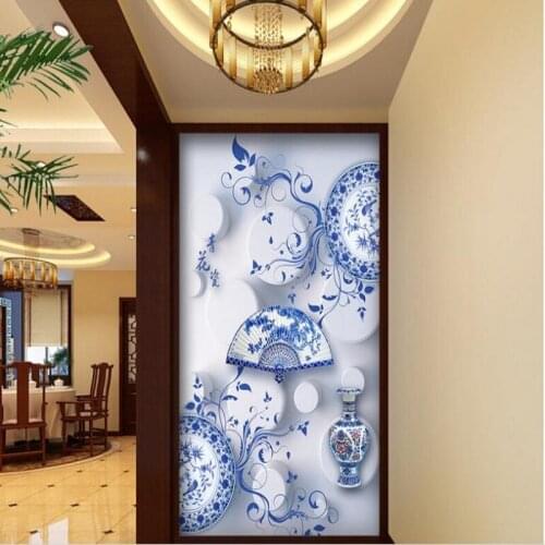 Wellyu Customized large - scale murals blue and white porcelain vases fan 3D entrance hall aisle TV backdrop wallpaper