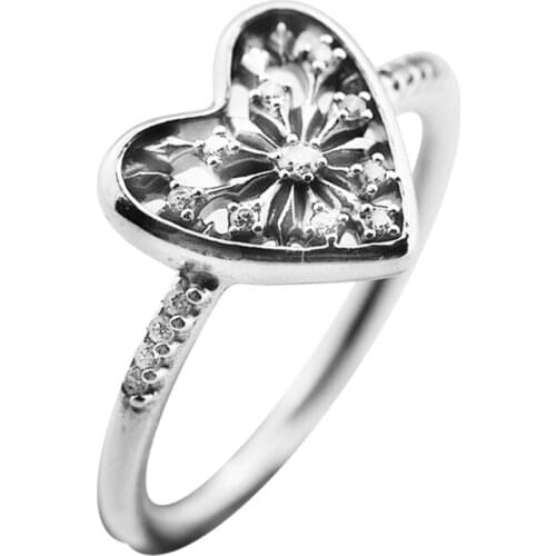 Snowflake Heart Rings with Clear CZ 100% 925 Sterling-Silver-Jewelry Free Shipping