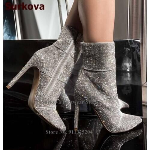 Surkova Women Gold Silver Glittering Rhinestone Wedding Shoes Stiletto Heel Sparkly Rhinestone Ankle Boots Pointed Toe Pumps