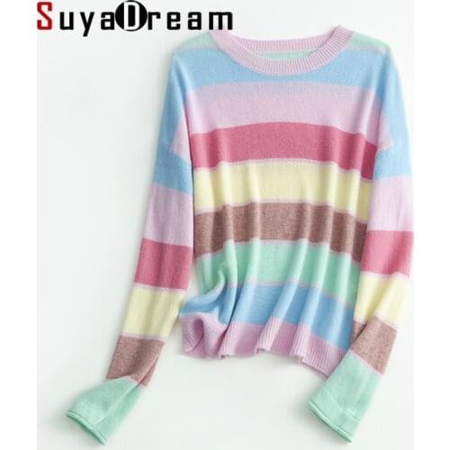 SuyaDream Women 100%Wool Sweaters 2021 Winter O Neck Color Stripes Loose Pullovers 2021 Fall Winter Top