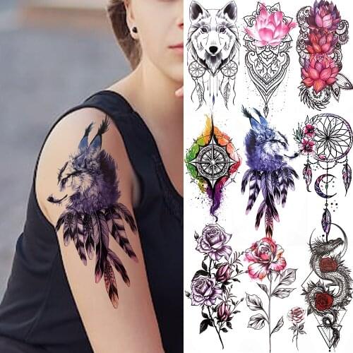 Water Colour Tribal Wolf Feather Temporary Tattoo For Women Lace Lotus Black Tatoo Sticker Compass Dream Catcher Fake Tattoo