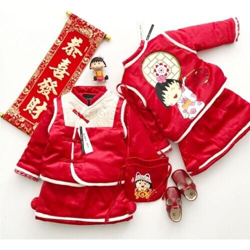 Tonytaobaby New Winter Girls Childrens Clothes Girls New Years Tang Style Plus Velvet Suit Skirt Two-piece Set