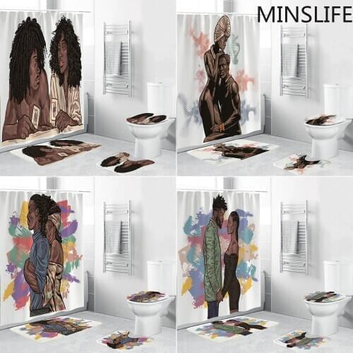 Amorous Couples Art Shower Curtains African Lover Bathroom Curtains and Rugs Set Carpet Toilet Cover Bath Mat White Background