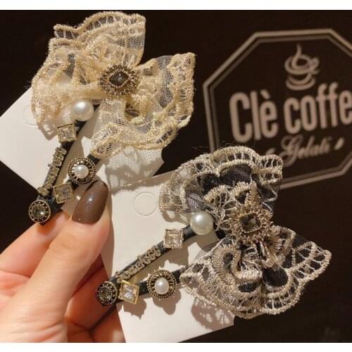 Retro French Rhinestone Temperament High-end Hand-embroidered Lace Bangs Clip Clip Headdress Hair Clip Back of The Head
