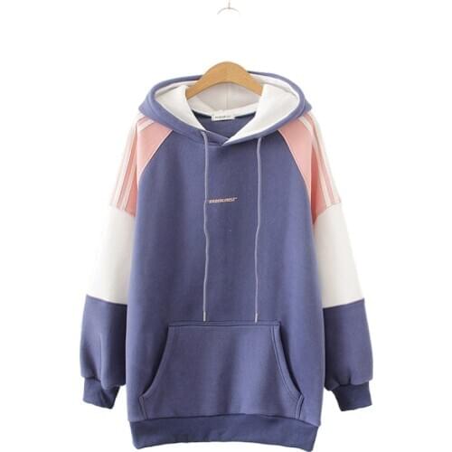 Winter Womens Casual Korean Style Plus Velvet Color Matching Harajuku Hoodies Warm Patchwork Hooded Sweatshirts 2010309