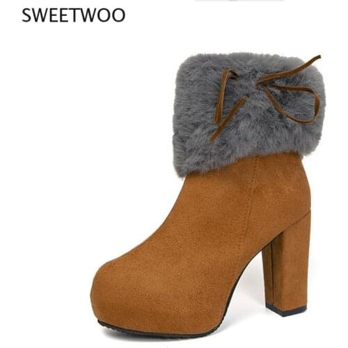 Women Thick Platform High Heel Boots Waterproof Velvet Ankle Boots For Winter 2021