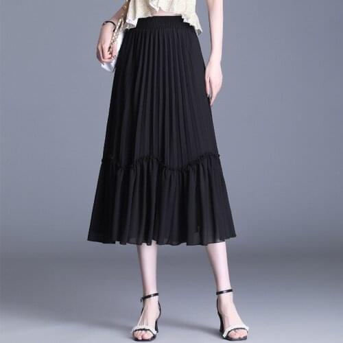 Women Elegant Fashion Plus Size Black Long Pleated Skirt Summer Lady Elastic High Waist Loose Big Swing Casual Woman Skirts 6660