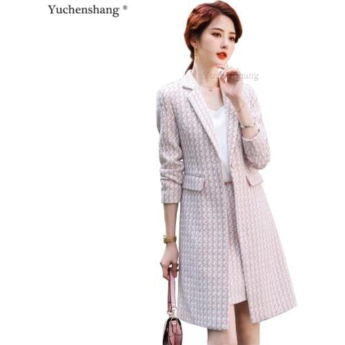 High Quality 2020 New Arrival Winter Women Girl Long Thick Fabric Plaid Blazer Fashion Jackets Pale Pink Blue Casual Ladies Coat