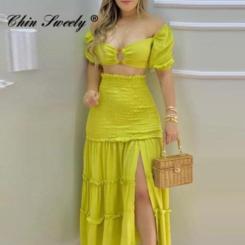 Women Elegant Outfits O-Ring Puff sleeve Crop Top Frill Hem Shirred Slit Maxi Skirt Sets female 2021 Summer Casual ladies Set