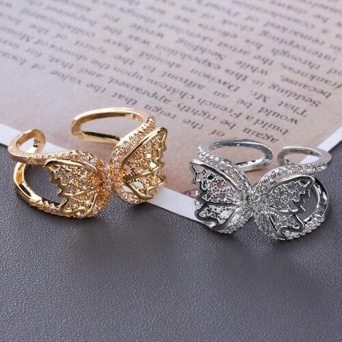 Female Punk Butterfly Ring Opening Adjustable Gold/Silver Color Crystal Zircon Girls Party Engagement Ring Gifts