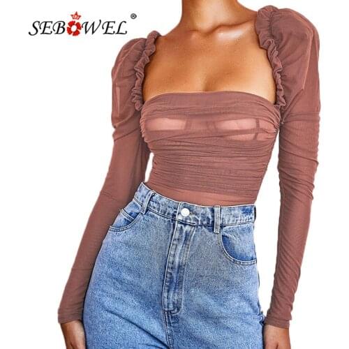 SEBOWEL Women Sheer Lace Fold Long Sleeve Sexy Mesh Bodysuit Female Body Tops Clothes Autumn Lady Perspective Bodycon Bodysuits
