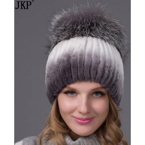Winter rex rabbit fur hat for women with fox fur pom poms top knitted beanies fur hats new brand causal good quality cap THY-02