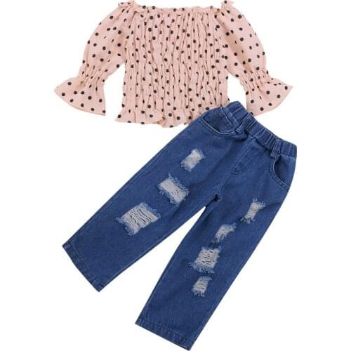 Pudcoco 2-7T 2Pcs Baby Girls Pink Off-the-Shoulder Flare Sleeve Polka Dot Print T-Shirt Tops+Ripped Denim Jeans Pants Outfit Set