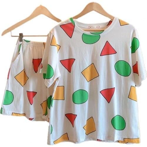 2Pcs/Set Girls Vinylon Breathable Sleepwear Geometric Printing Cool Cute Ladies Loose Short Sleeve Pajamas Suit for Homewear