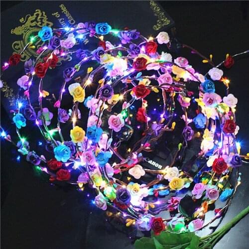 200pcs Leis Hawaii Garland Flashing LED Flower Headband Garland Wreath For Women Girls Glow Party Wedding