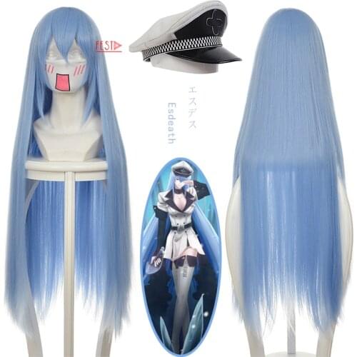 Anime Akame Ga KILL! Jaegers Esdeath Esdese Cosplay Wig Long Blue Wig Hat Heat Resistant Synthetic Hair Wig Cap Halloween Party