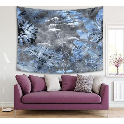 Tapestry Blue Asters Leaves and Grasses on Dark Grey Background Modern Monochrome Artwork Printed