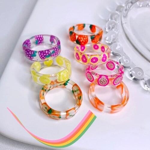 Korean fashion fresh fruit transparent resin girl new design dragon fruit strawberry lemon finger jewelry gift
