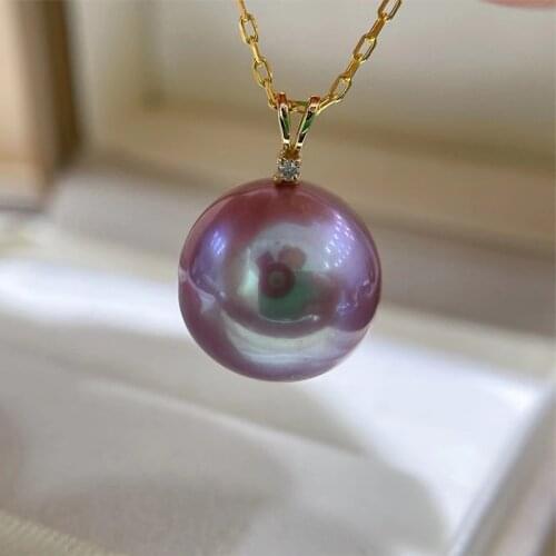 HENGSHENG 12.2mm Natural Fresh Water Purple Pearl Pendant ,18K Yellow Gold With Zircon Necklaces for Women Fine Pearls Pendants