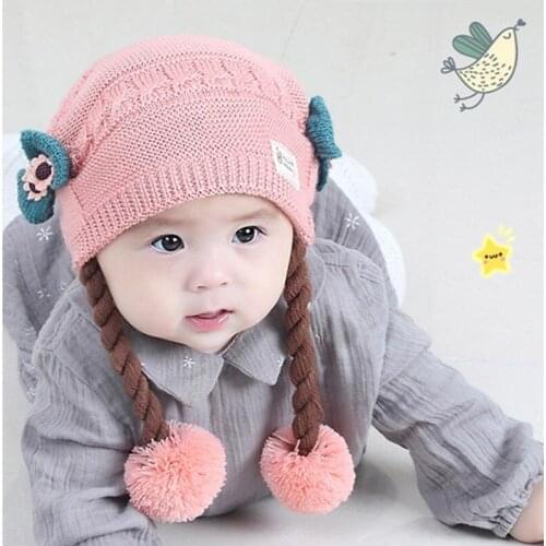 Cute Toddler Kids Girl Boy Baby Infant Winter Warm Crochet Knit Hat Beanie Cap With Wigs Pompom Bow Hats