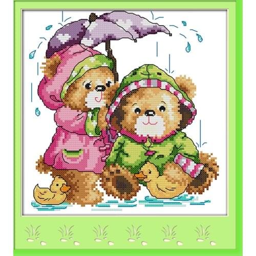 The fun of rainy day cross stitch kit cartoon bear 14ct 11ct count print canvas stitches embroidery DIY handmade needlework plus