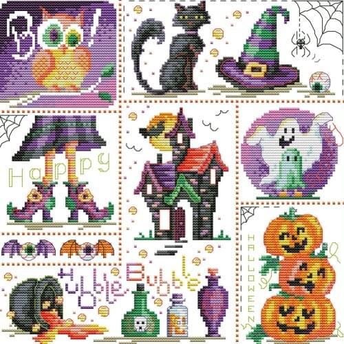11CT DIY Cross Stitch Kits Stamped Canvas Halloween Day Animal Patterns Needlework Sets Home Decor Gift Halloween Decoration