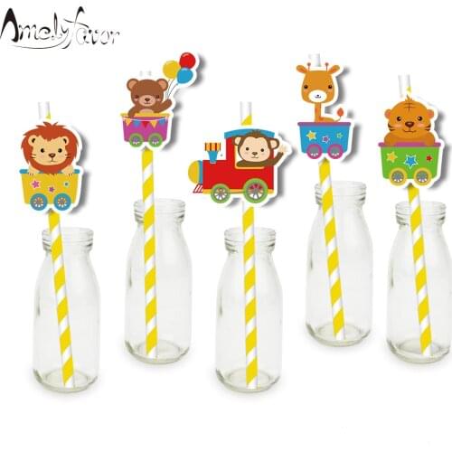 Safari Animals Car Theme Straw Paper Straws Kids Birthday Party Decorations Supplies Lion Drinking Straws Baby Shower 25 PCS
