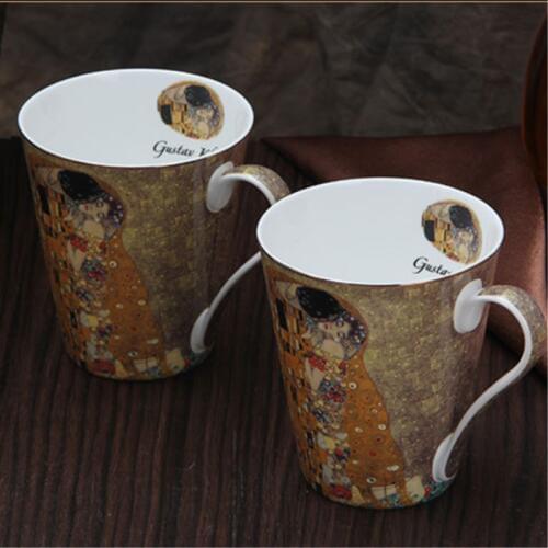 High grade Creative gift elegant oil painting colored drawing ceramic bone china coffee milk tea cup large capacity lovers mugs