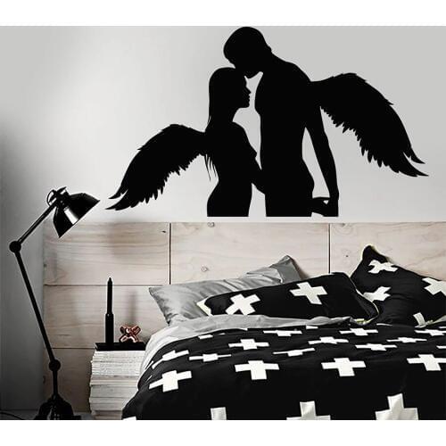 WJWY Love Angels Wings Romantic Couple Vinyl Wall Decal Bedroom Bathroom Wall Sticker Window Decor Waterproof Ornament Art Mural
