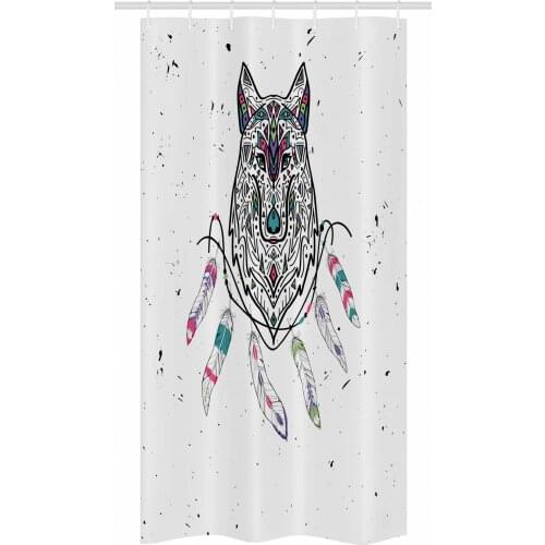 Tribal Wolf Shower Curtain Set Bohemian Feathers Animal Artwork Waterproof Fabric Narrow Bath Curtain Bathroom Decor with Hooks