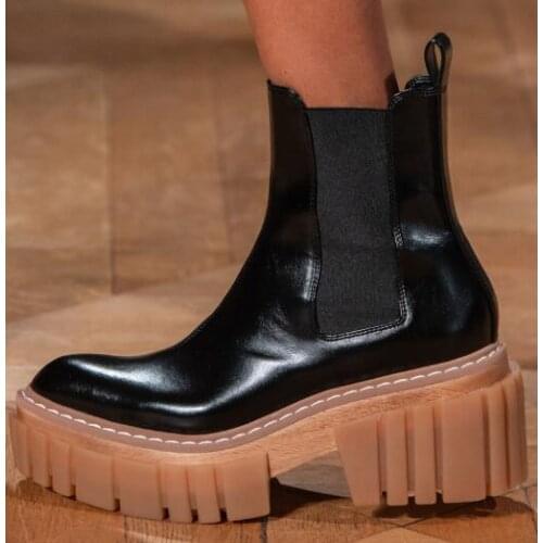 Woman Black White Thick Heel Platform Short Martin Boots Genuine Leather Pointed Toe Slip On 7 cm Chunky Heels Short Boots