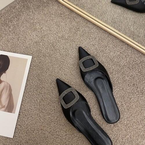 Low Heel Half Slippers Womens 2021 Summer New Outdoor Chunky Heel Pointed Sandals Rhinestone Closed Toe Slippers