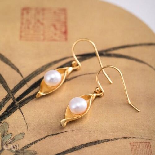 VLA 925 Sterling Silver Fashion Simple Pearl Leaf Earrings Womens Creative Personality Gold Plating Jewellery