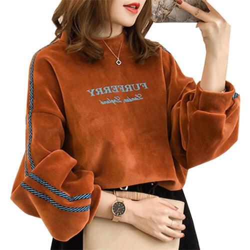 Gowyimmes Autumn Women Gold Velvet Sweatshirts Long Sleeve Solid Slim Vintage Woman Tops Pullovers Winter Short Paragraph PD054