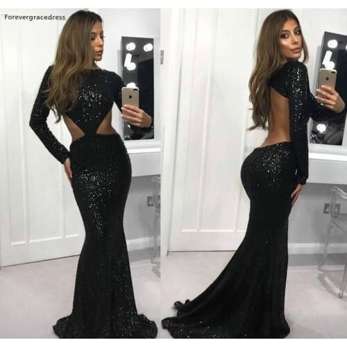 2019 Cheap Mermaid Long Sleeves Evening Dress Black Backless Sequined Holiday Women Wear Formal Party Prom Gown Custom Made