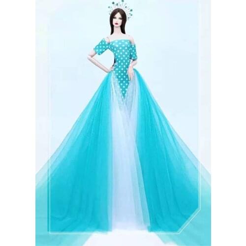 1/6 BJD Doll Clothes Blue Polka Dotted Mermaid Wedding Dress For Barbie Clothes Dressing Up Outfit Princess Gown 1:6 Accessories