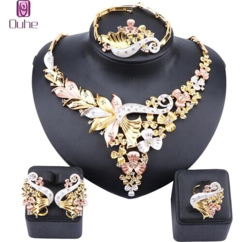 African Bridal Dubai Jewelry Sets Crystal Necklace Earrings Ring Bangle Nigerian Women Fashion Wedding Multicolor Jewelry