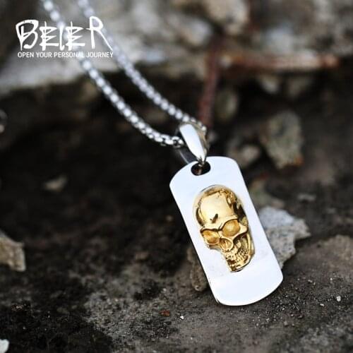 Beier Stainless Steel Gold Skull Pendant Chain Necklace men Jewelry LLBP8-441P